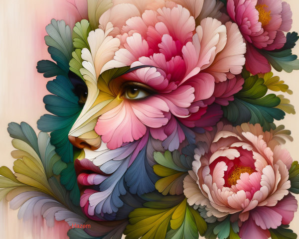 Colorful Artwork of Woman's Face with Flower Petals