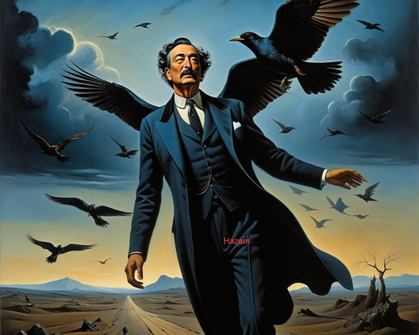 Man in Suit Against Dramatic Landscape with Birds