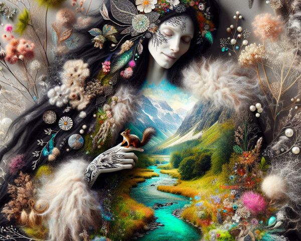 Mystical Figure in Floral Landscape with River and Squirrel