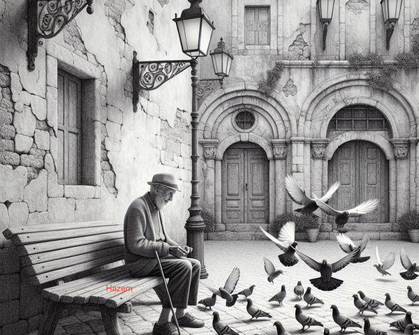 Elderly Man on Bench with Pigeons in Rustic Setting