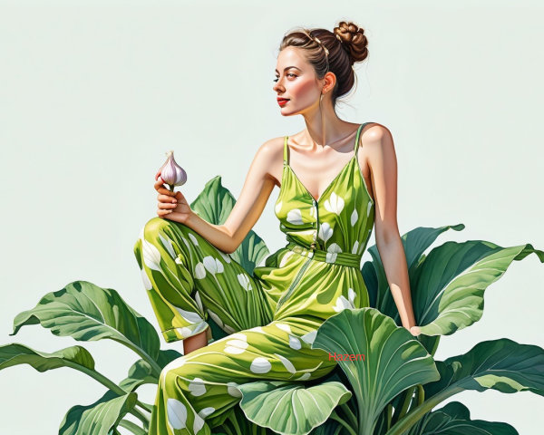 Woman in Green Polka Dot Jumpsuit Surrounded by Leaves