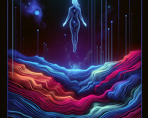 Ethereal Figure Above Colorful Wavy Landscape