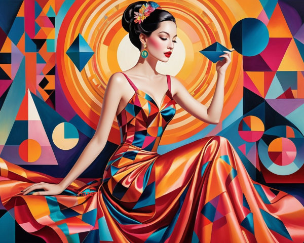 Elegant Woman in Vibrant Geometric Gown Artwork