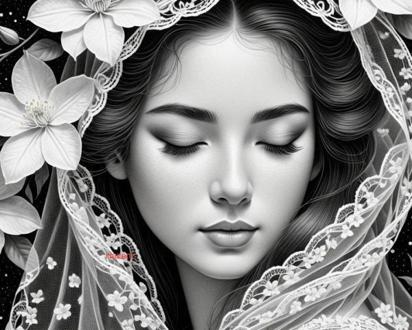 Serene Portrait of a Young Woman with Floral Motifs