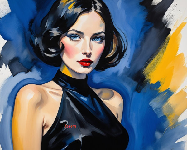 Woman with Bob Haircut and Red Lips in Vibrant Setting