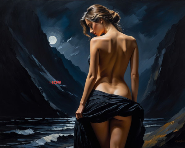 Serene Nighttime Scene of Woman on Rocky Shoreline