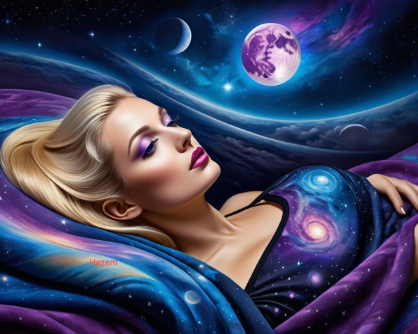Serene Woman with Cosmic Colors and Galaxy Blanket
