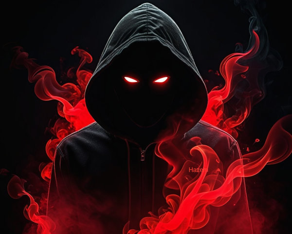 Mysterious Figure in Dark Hoodie with Glowing Eyes