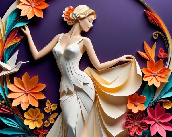 Elegant Woman in Flowing Dress with Floral Designs
