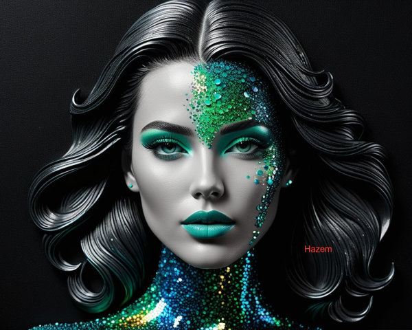 Portrait of a woman with silver-black hair and vibrant makeup