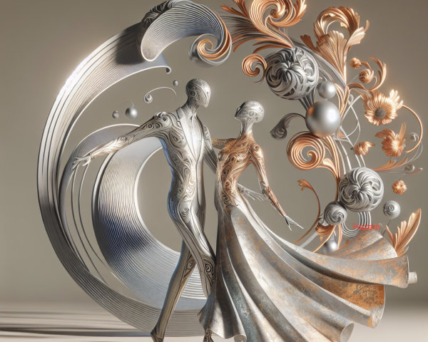 Elegant Metallic Figures in Graceful Dance with Patterns