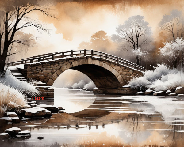 Serene Landscape with Stone Arch Bridge and River