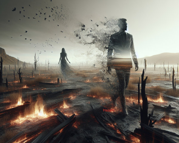 Desolate Landscape with Merging Figures and Eerie Atmosphere