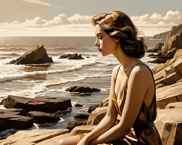 Contemplative Woman on Rocky Coastline at Sunset