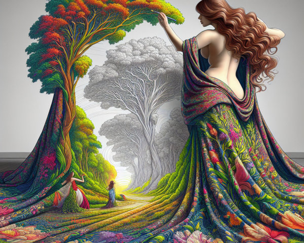 Surreal Artwork of Woman in Colorful Foliage Dress