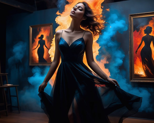 Woman in Dark Blue Gown in Art Gallery Setting