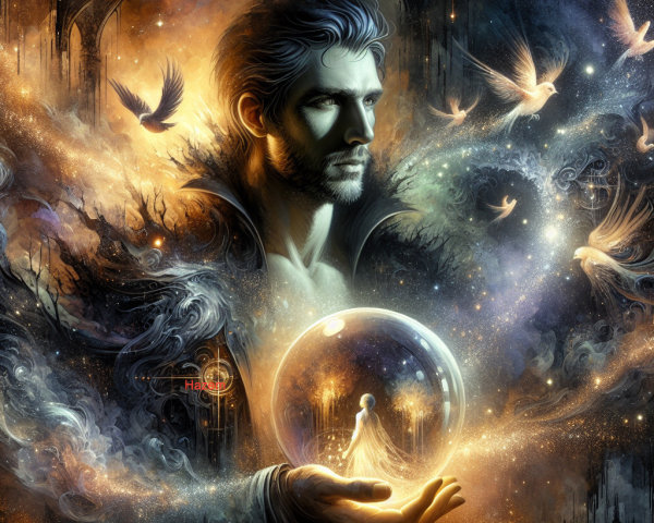 Mystical Scene with Man, Galaxies, and Crystal Orb