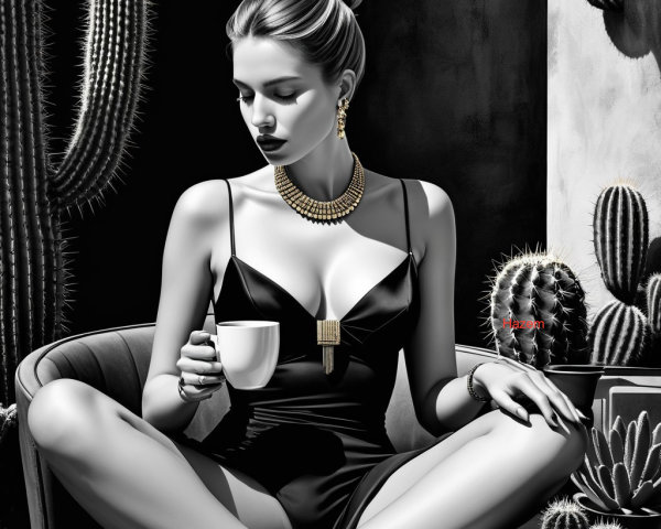 Black and white image of a woman with cacti background