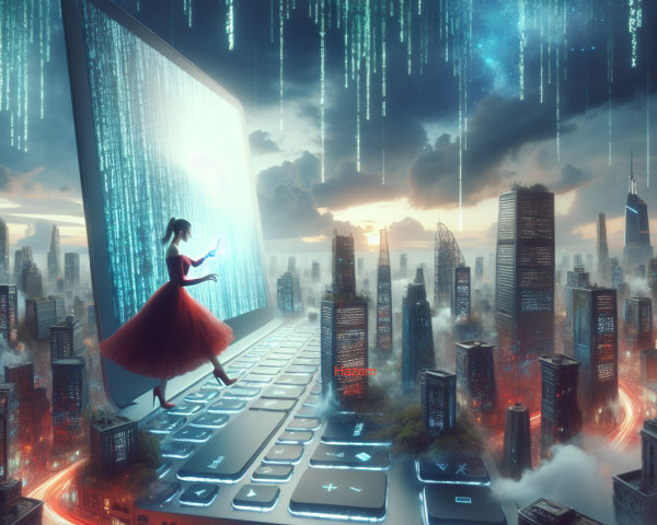 Surreal Futuristic Cityscape with Giant Laptop and Code