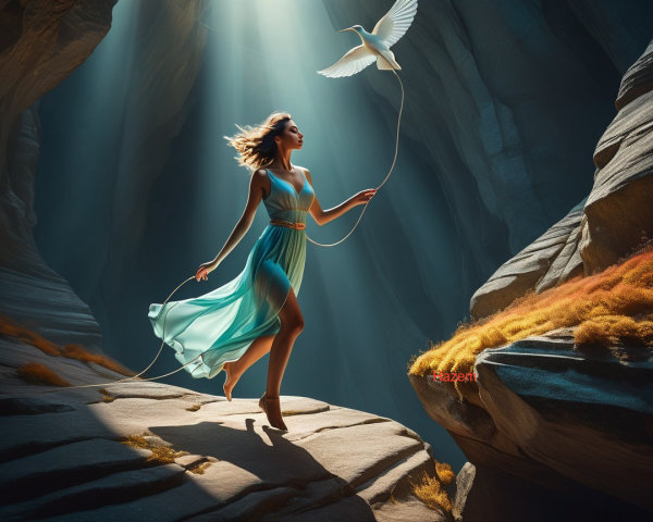 Woman in Aqua Dress Dances in Majestic Canyon