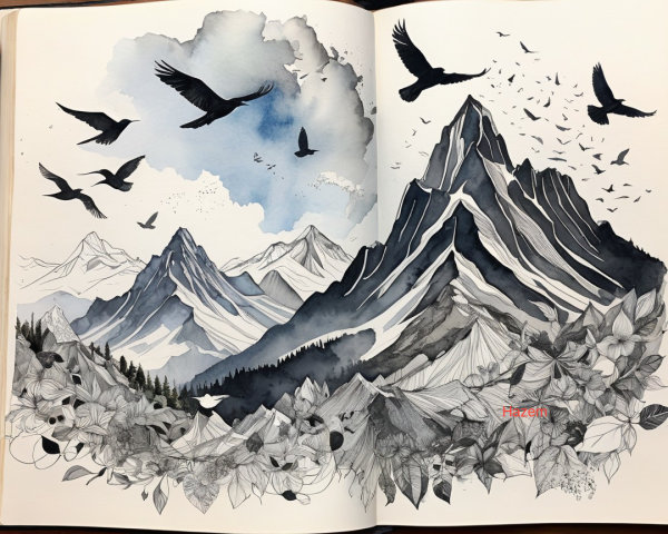 Monochromatic Mountain Landscape with Floral Details