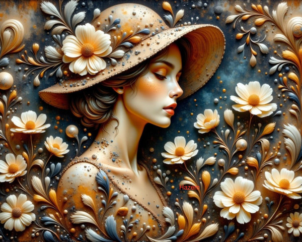 Artwork of a Woman in a Floral Hat Design