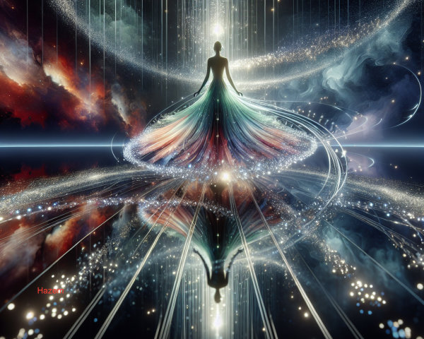 Luminous Figure Surrounded by Cosmic Light Trails
