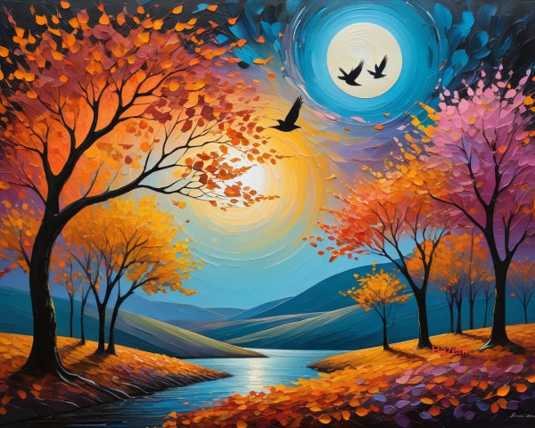Vibrant Dusk Landscape with Autumn Trees and River