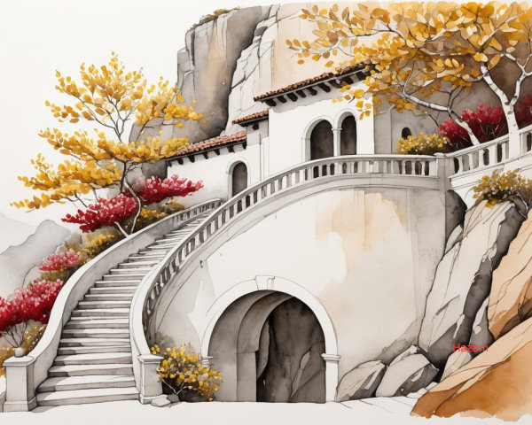 Scenic Staircase in Autumn Landscape with Architecture