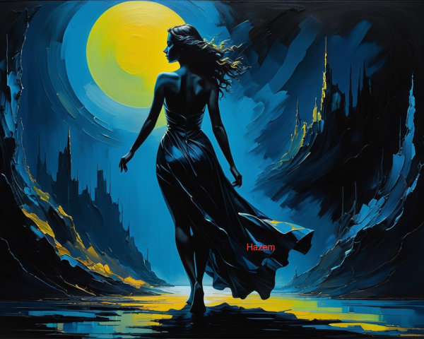 Silhouette of a Woman by a Moonlit Landscape
