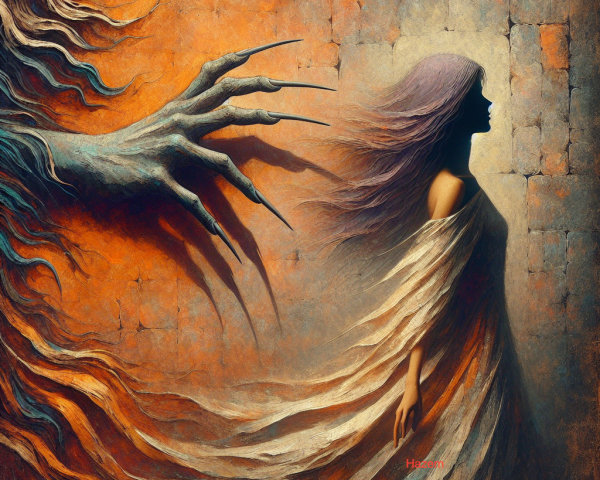 Mysterious Scene with Shadowy Hand and Graceful Woman