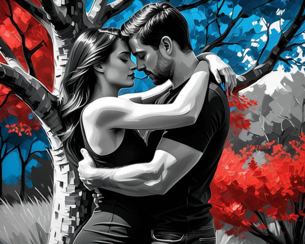 Couple Embraced Under Colorful Foliage Scene