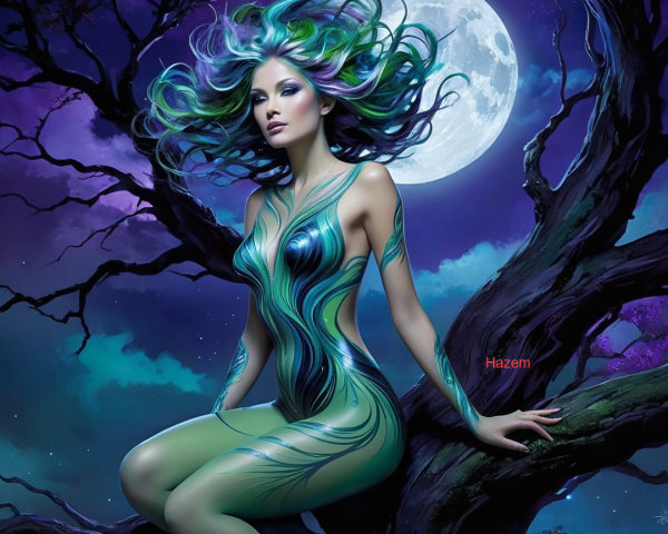 Mystical figure with green and blue hair in nighttime scene