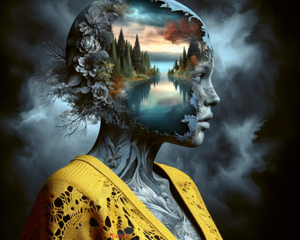 Surreal Portrait of Humanoid with Lake Landscape