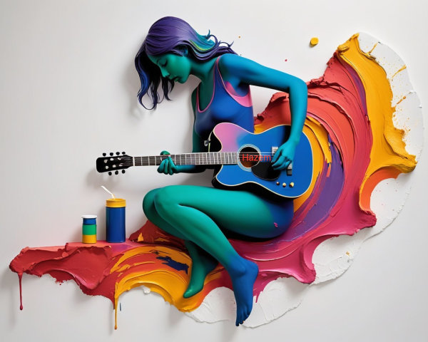 Teal and Purple Skin Girl with Guitar on Colorful Paint