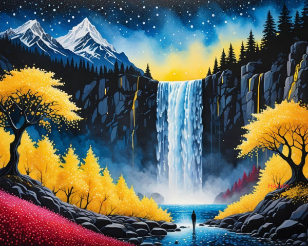 Majestic Waterfall in Autumn Landscape with Mountains
