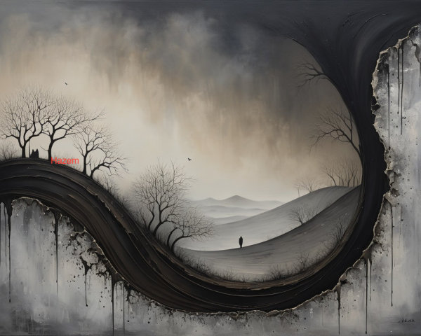 Surreal Landscape with Barren Trees and Solitary Figure
