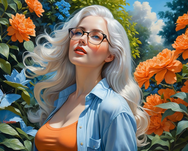 Young Woman with Silver Hair in Vibrant Garden