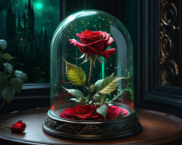 Red Rose Under Glass Dome with Castle Background