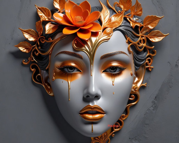 Stylized Gray Mask with Golden Leaves and Orange Flower