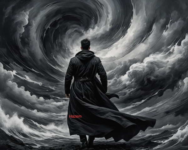 Cloaked Figure Against Stormy Rocky Shore Scene