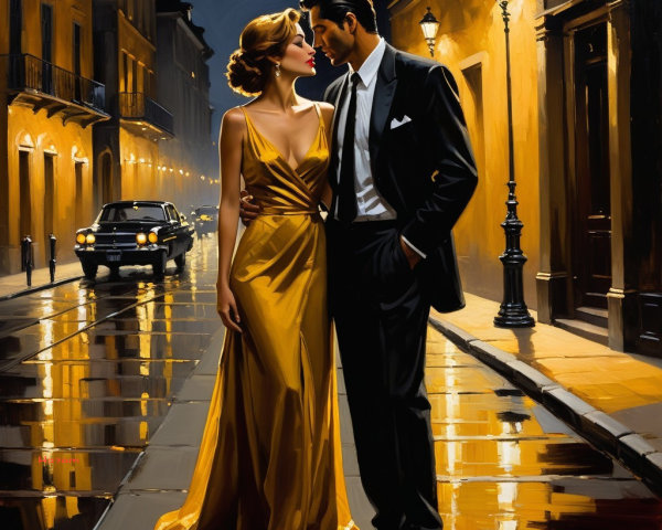 Romantic Couple on Rainy Street with Vintage Lamps
