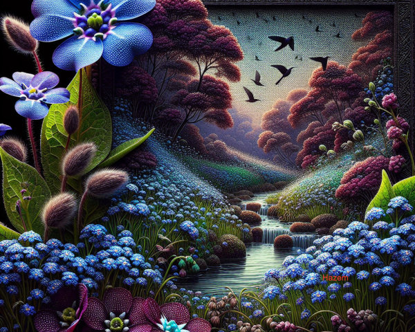 Fantastical Landscape with Vibrant Flowers and Stream