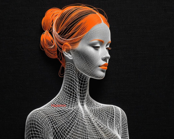 Stylized Female Figure in Wireframe with Orange Accents