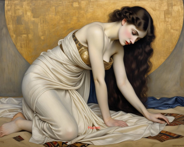 Elegant Woman in White Gown with Golden Accents