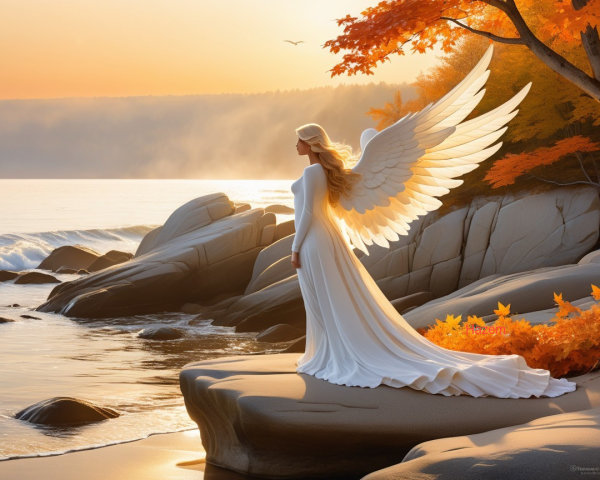 Serene Sunset Scene with Figure and Feathered Wings