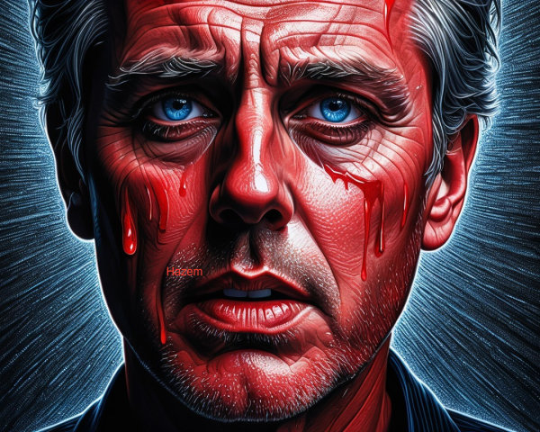 Close-Up Portrait of a Man with Blue Eyes and Blood