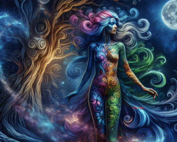 Ethereal Figure in Cosmic Background with Patterns