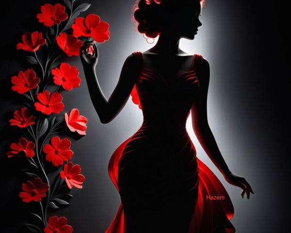 Silhouette of Woman in Red Dress with Flowers