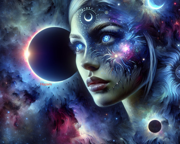 Cosmic Portrait Blending Woman's Face with Galaxies